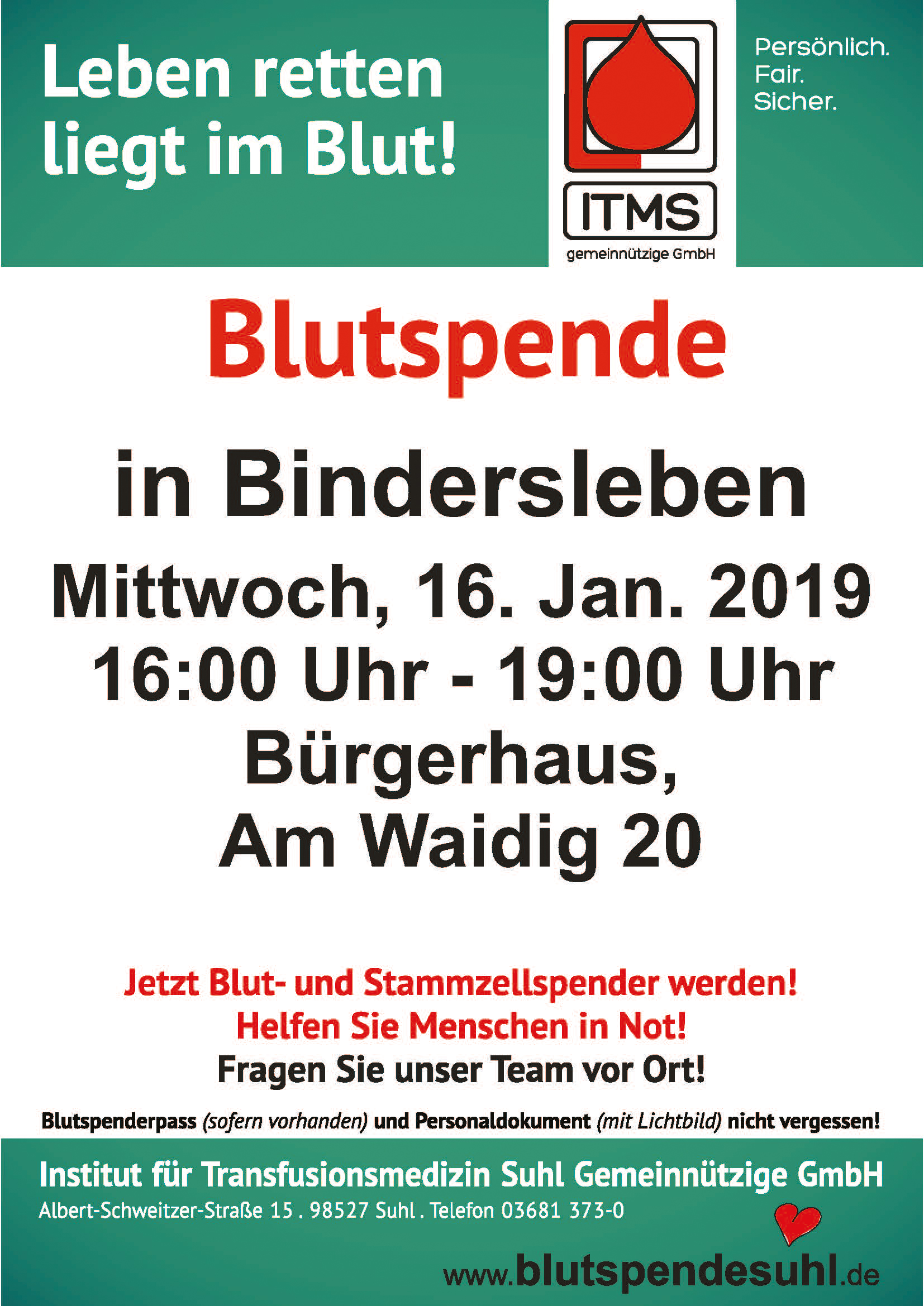 Am 16. Januar rettet eine Blutspende nicht nur Leben, sondern unterstützt auch die AWO Kita "Glückspilz" in Bindersleben.